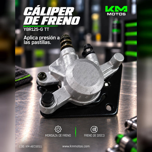 Caliper delantero para YBR125-G de la marca Ki, modelo KM-AEC0011, muestra la mordaza y detalles del componente de freno.