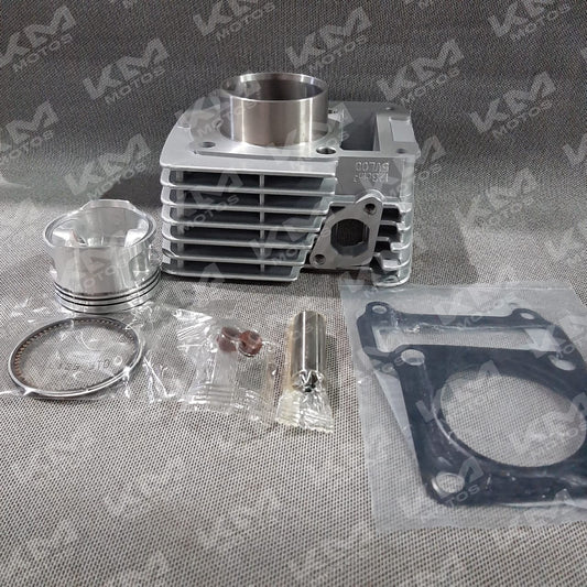 Cilindro completo para YBR125 de marca Universal, imagen que muestra el kit de cilindro con componentes metálicos y detalles técnicos