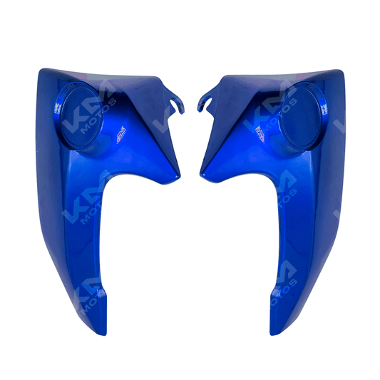 Rompiviento azul KM Motos FZ16 con diseño aerodinámico y protección para motocicletas, en color azul brillante.