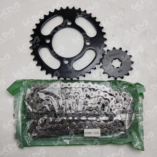 Kit de tracción Powerdrag Universal para Crypton 37T-15T con cadena 420H-122L, componentes visibles en la imagen.