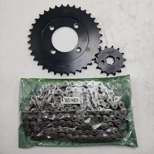 Kit de tracción Lucky 36T-14T para motos, con cadena Powerdrag, marca KM Motos, muestra el conjunto completo en la imagen.