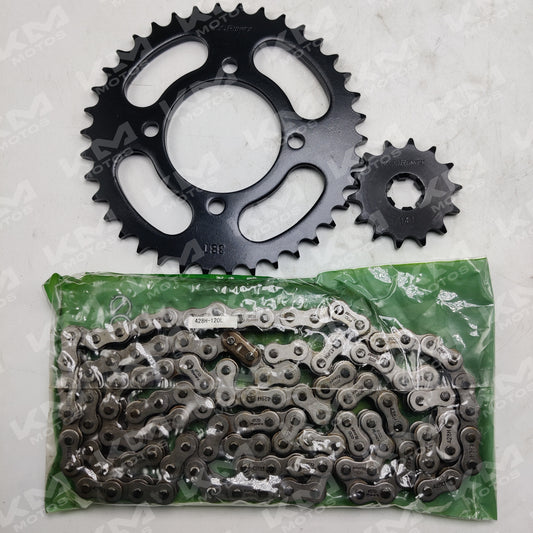 Kit de tracción Powerdrag para RX100 y RX115, incluye cadena de 38T-14T y corona 428H-120L en montaje universal.