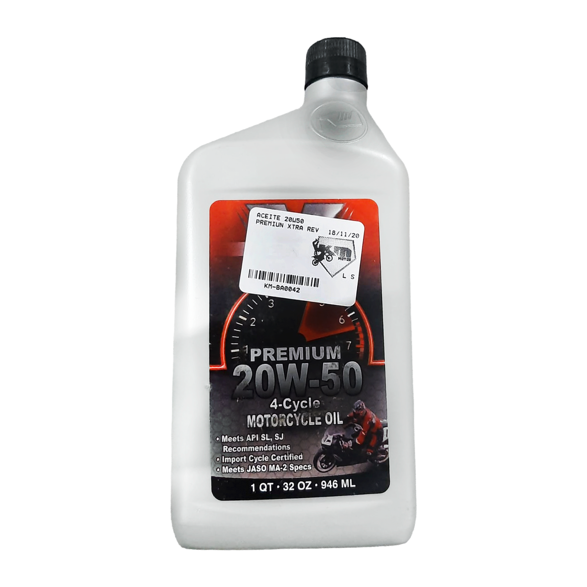 Aceite KM Motos 20W50 Premiun Xtra Rev, envase de aceite para motor de motocicleta, etiquetado y color característico.