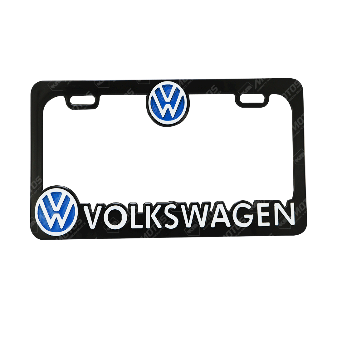 Porta placa para carro con logo 3D de Volkswagen, conjunto de KM Motos, con diseño en relieve y acabado duradero.