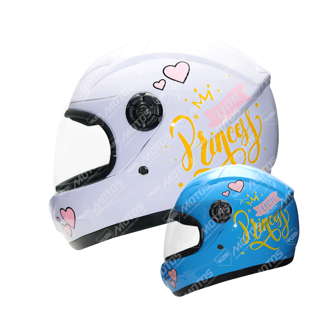 Casco de niña princesa Mek de KM Motos, con diseño colorido y detalles de princesa, ajustado y seguro para niñas.