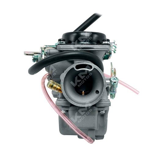 Carburador GXT/KMF A/R de KM Motos, vista detallada del carburador para motocicletas, con cuerpo metálico y conexiones.