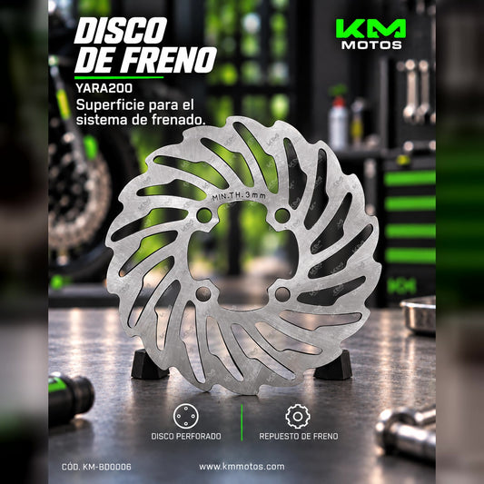 Disco de freno Mek YARA200 para motocicleta, vista frontal del disco de freno de alta resistencia y rendimiento.