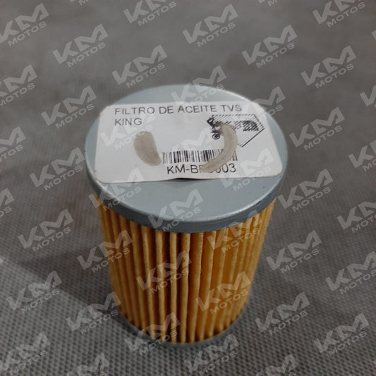 Filtro de aceite universal para Tvs KING, GXT200, GXT250, DR400 y Supermoto, muestra el filtro en color negro con detalles metálicos.