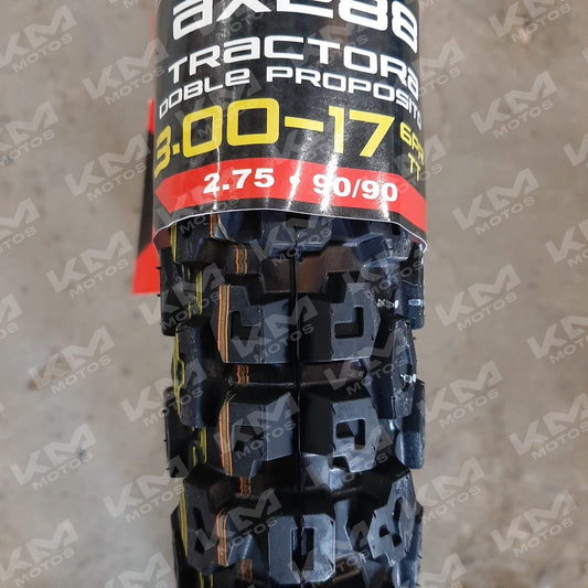 Llanta delantera Axus 3.00-17 semitractora, neumático de llanta para tractor con banda de rodadura y estructura resistente.