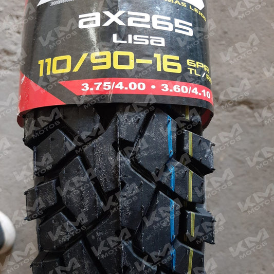 Llanta trasera Axus 110/90-16 lisa para motocicleta, vista de perfil mostrando el neumático sin dibujo.