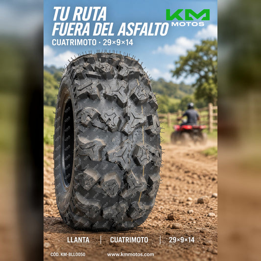Llanta para cuatrimoto 29x9x14 KM Motos, resistente y duradera, diseñada para rendimiento off-road en terrenos difíciles.