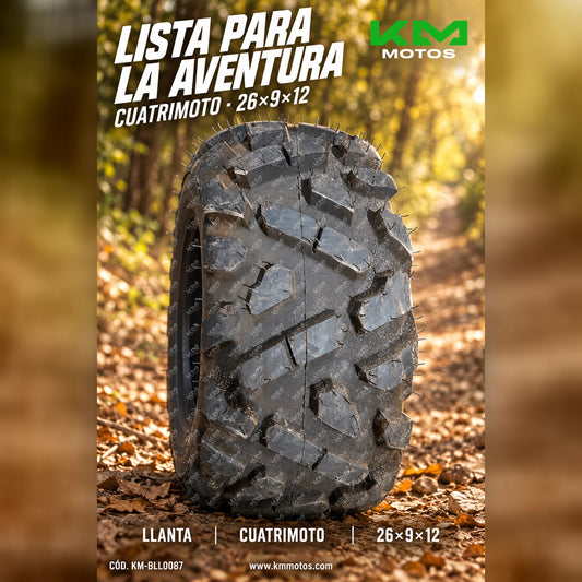 Llanta de 26x9x12 para cuatrimoto de la marca KM Motos, neumático resistente y adecuado para terrenos irregulares.