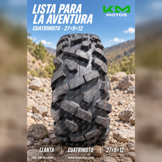 Llanta de 27x9x12 para cuatrimoto de la marca KM Motos, con neumático resistente y diseño adecuado para terrenos todoterreno.