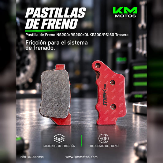 Pastillas de freno traseras Mek para NS200, RS200, DUKE200 y PS160, con diseño y material para mayor rendimiento de frenado.