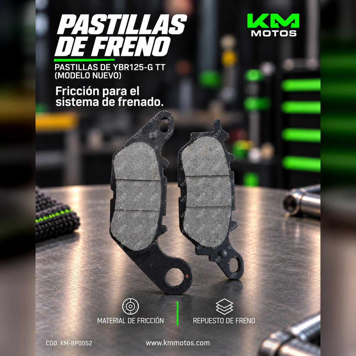 Pastillas de freno KM Motos YBR125-G TT, modelo nuevo, mostrando las pastillas de freno para motocicleta en la imagen