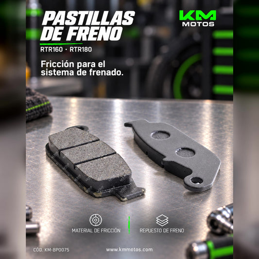 Pastillas de freno KM Motos para RTR160 y RTR180, componentes de fricción para sistema de frenado.