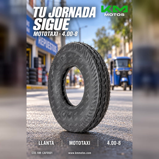 Llanta 4.00-8 CEAT/BULIND para mototaxi de la marca KM Motos, resistente y adecuada para vehículos de transporte.