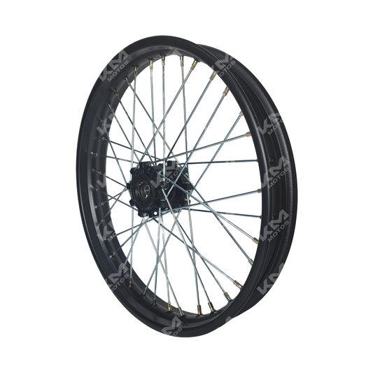 Rin delantero KM Motos ZX150L y ZX200L con freno de disco, imagen que muestra el diseño del rayo y acabado metálico.