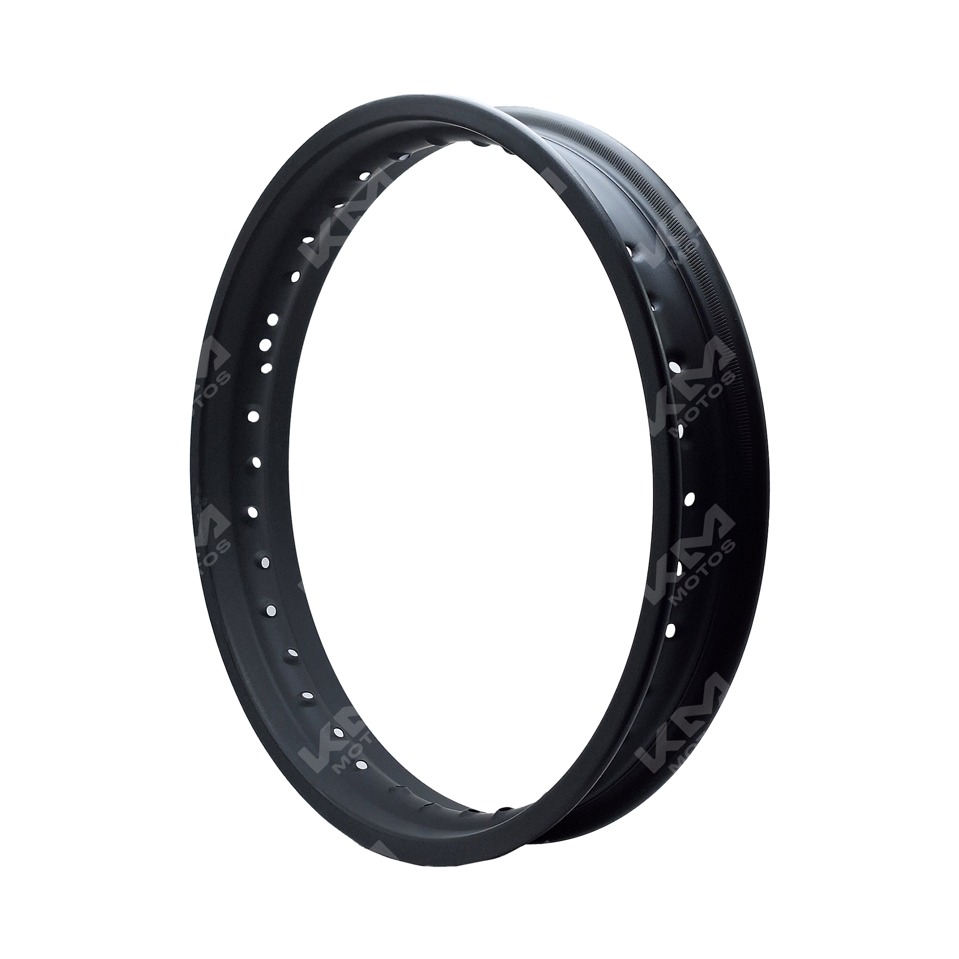 Aro KM Motos XM200Z 2.15-17 negro, vista frontal del aro de aluminio para motocicleta, con llanta de color negro brillante.