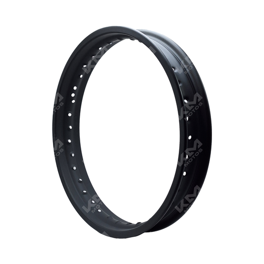 Aro KM Motos XM200Z 2.15-17 negro, vista frontal del aro de aluminio para motocicleta, con llanta de color negro brillante.