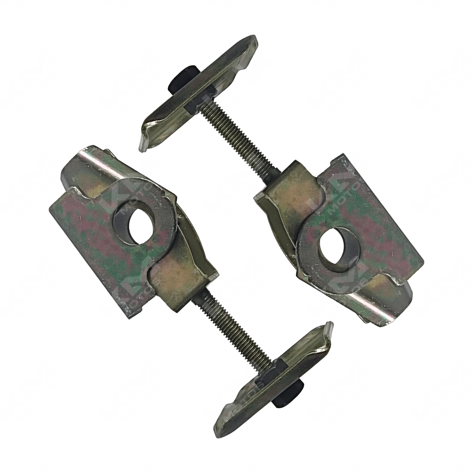 Ajustador de cadena KM Motos para XM200, XL125, ZX150L, DM150, con imágenes del ajustador en uso.