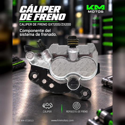 Caliper de freno GXT200/ZX200 de KM Motos, componente de freno con acabado metálico y detalles visibles.