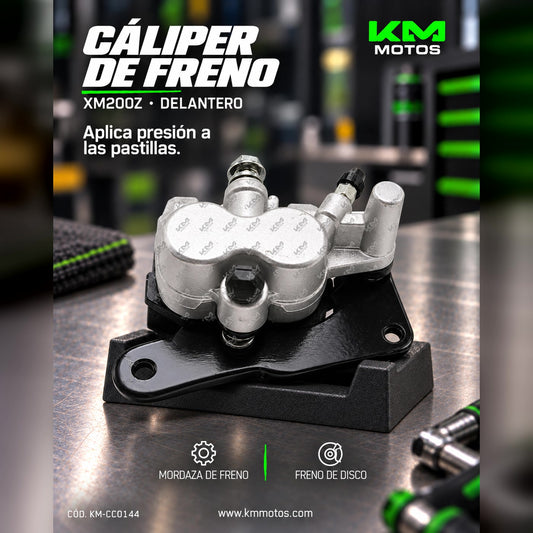 Caliper delantero Lr XM200Z para motocicleta, visible en la imagen con detalles de montaje y acabado metálico.