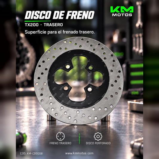 Disco de freno TX200 Tasero de KM Motos, parte del sistema de frenos para motocicleta, con acabado metálico y perforaciones de enfriamiento