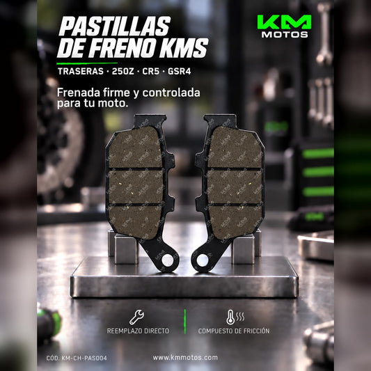 Pastillas de freno traseras KM Motos para 250Z, CR5, GSR4, Spitzer 150, GSR180 y 200, con componentes de freno.