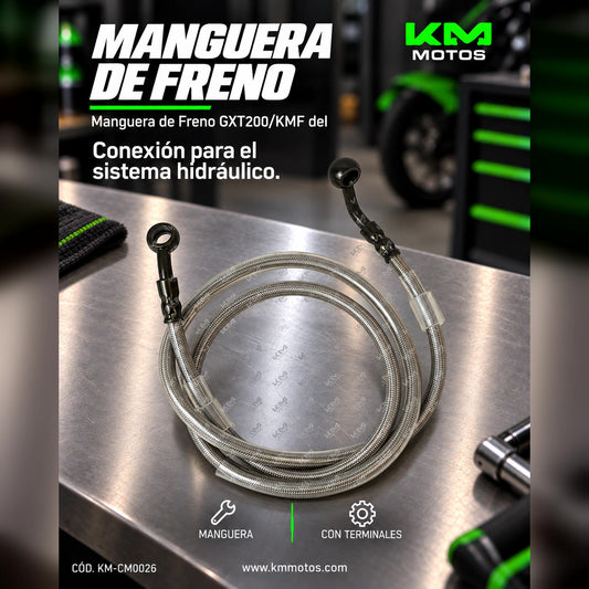 Manguera de freno Lr GXT200/KMF para motocicleta, visible en la imagen con conexiones y revestimiento resistente.