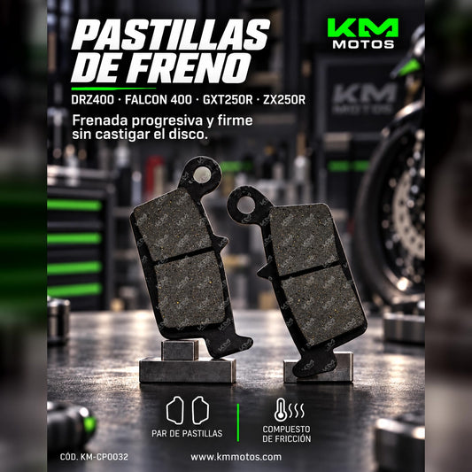 Pastillas de freno KM Motos para DRZ400, Falcon 400, GXT250R y ZX250R, componentes de fricción para motocicletas.