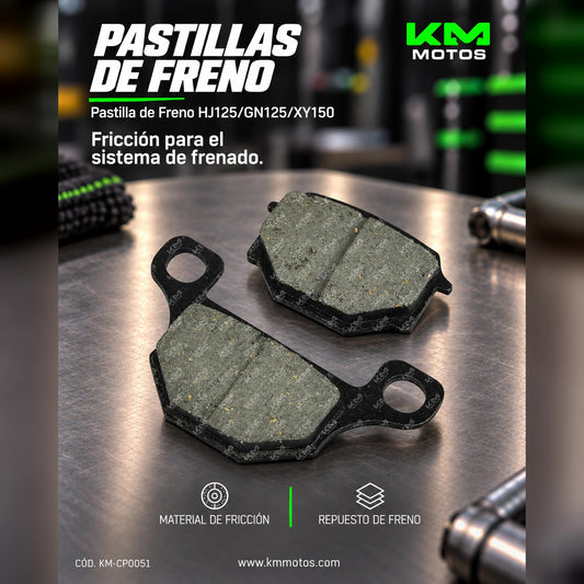 Pastilla de freno LR para motos HJ125, GN125 y XY150, con forma y material visible en la imagen.