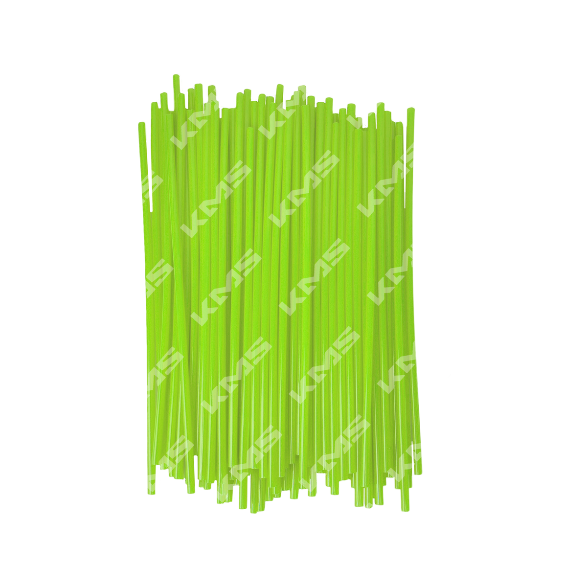 Pajilla verde fluorescente para rayos de KM Motos, diseño brillante y llamativo para bebidas y eventos.