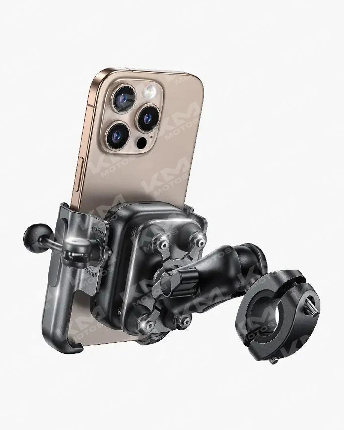 Soporte ajustable para celular en metal, accesorio para timones, compatible con diferentes modelos y tamaños de teléfonos.