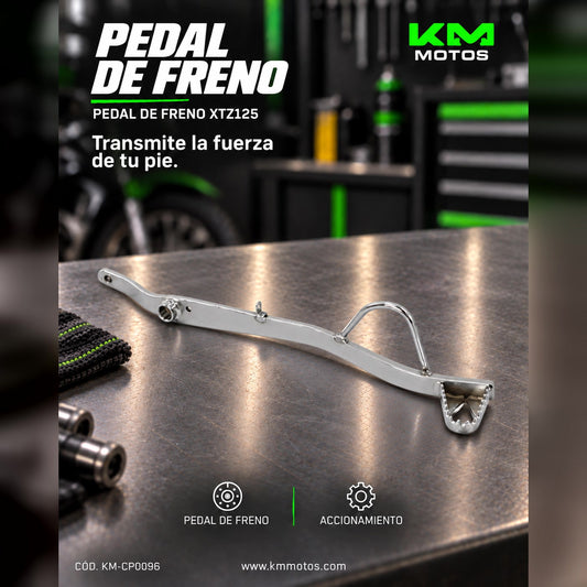 Pedal de freno universal para Yamaha XTZ125, muestra la pieza metálica con detalles de montaje y acabado resistente
