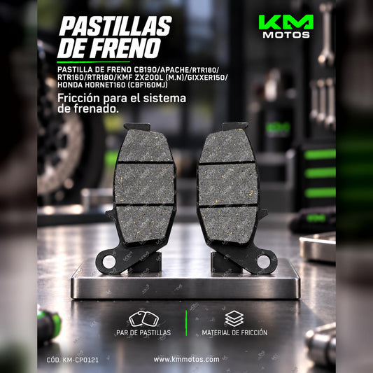 PASTILLA DE FRENO CB190/APACHE/RTR180/RTR160/RTR180/KMF ZX200L (M.N)/GIXXER150/HONDA HORNET160 (CBF160MJ) — KM-CP0121 | KM Motos
