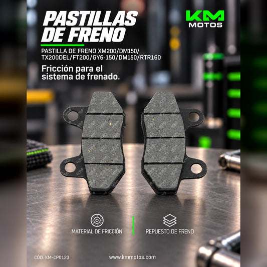 Pastillas de freno KM Motos para scooters y motos, modelo XM200, DM150, TX200, FT200, GY6-150, RTR160, vista de las pastillas.