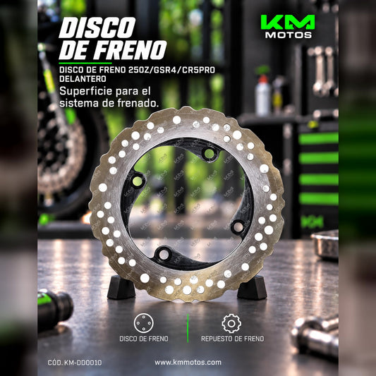 Disco de freno delantero KM Motos 250Z/GSR4/CR5PRO, resistente y duradero para motocicleta, visible en la imagen.