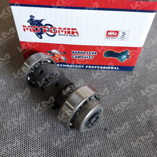 Árbol de levas universal para YBR-125 Ed/g y XTZ-125, muestra el componente metálico y sus detalles en la imagen.