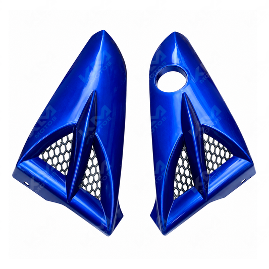 Parabrisas azul KM Motos para YBR125, protección contra viento, diseñado para motocicleta azul con detalles en el color.