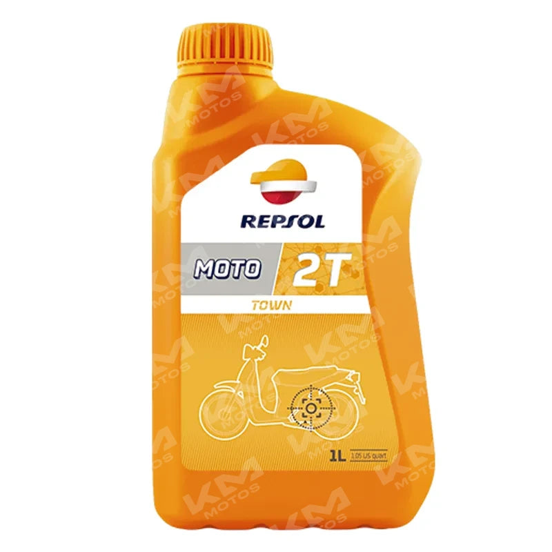 Aceite 2T Repsol mineral para motores de 2 tiempos, frasco con etiqueta visible, adecuado para mezcla de gasolina y aceite