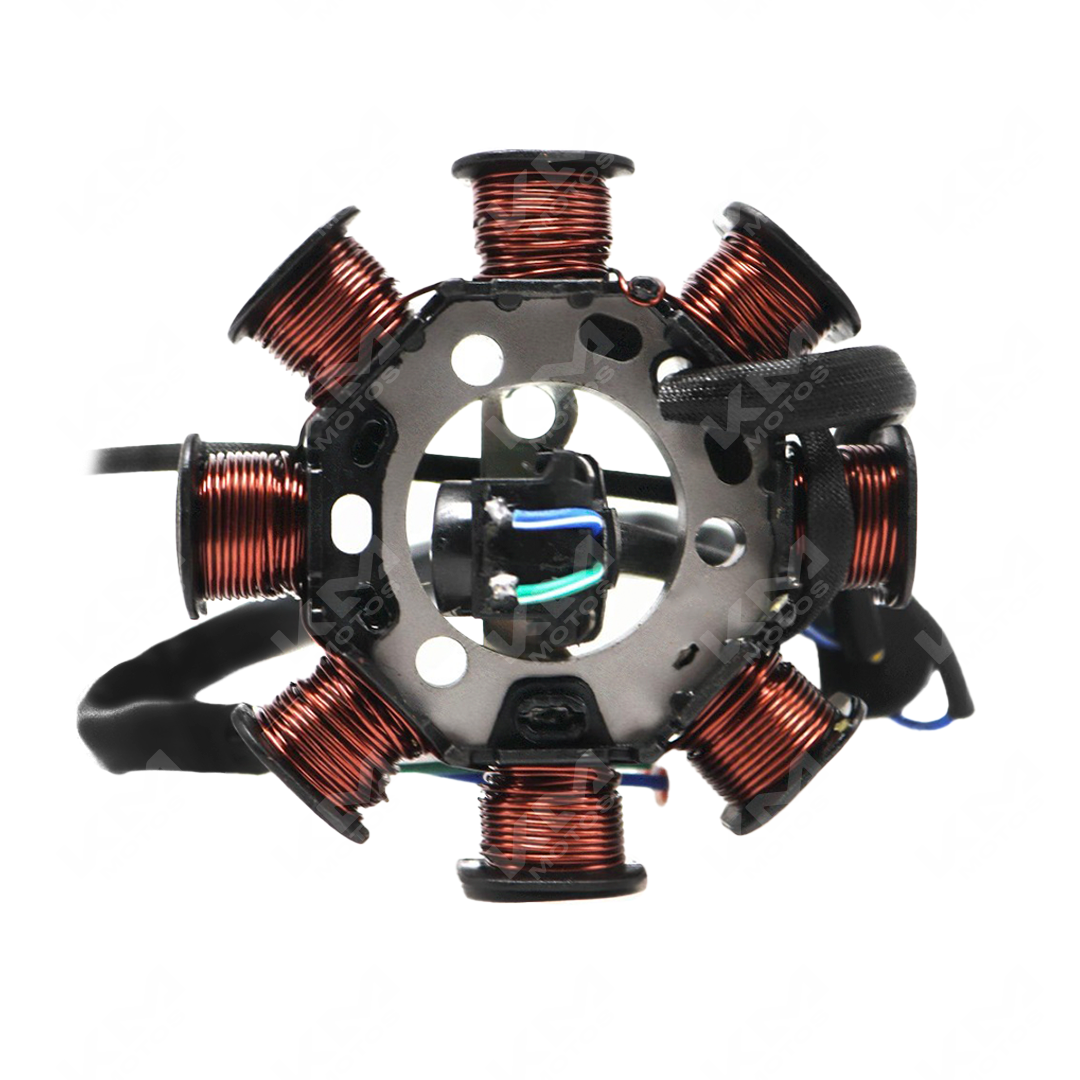 Bobina de magneto Crux110 Revo Los Lobos de KM Motos, vista de la bobina con detalles del cable y conexiones.