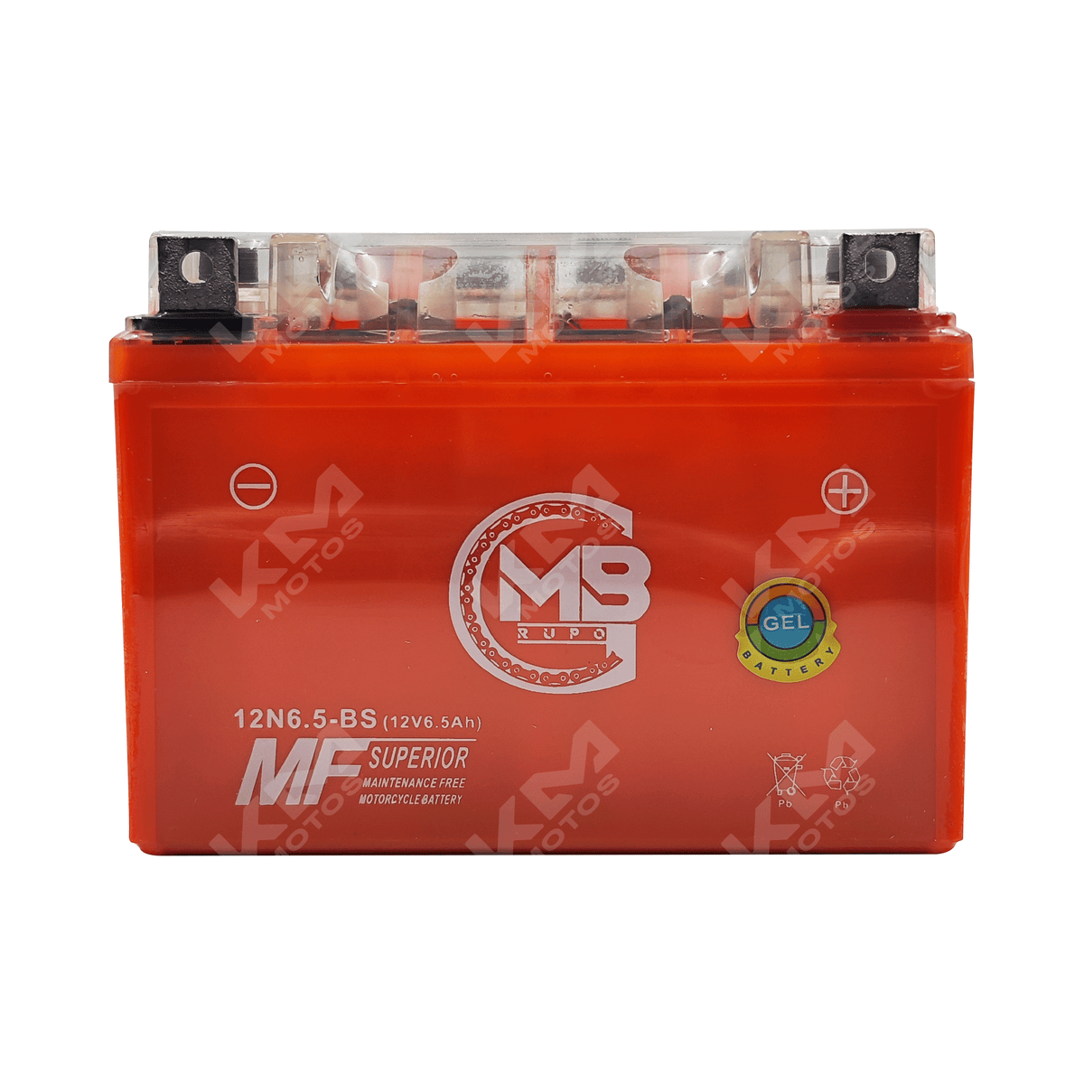 Batería de gel KM Motos 12N6.5/YB6.5, para motocicletas, con terminales y carcasa visible en la imagen.