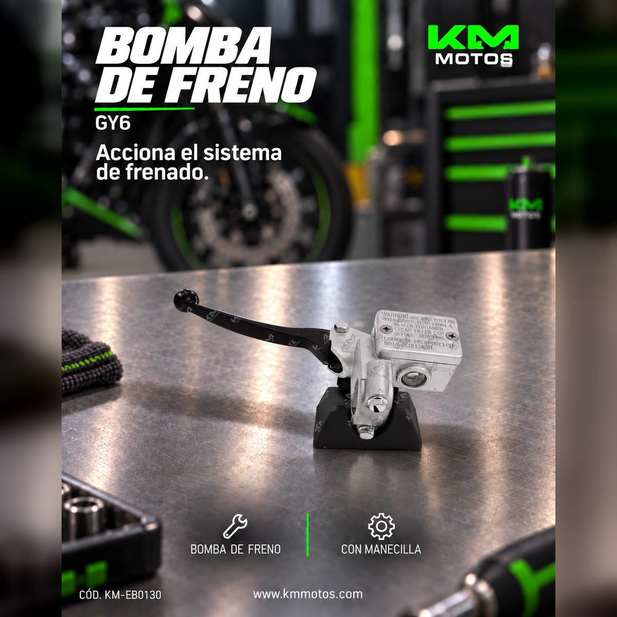 Bomba de freno GY6 con manecilla de metal de la marca KM Motos, diseñada para motocicletas y scooters.