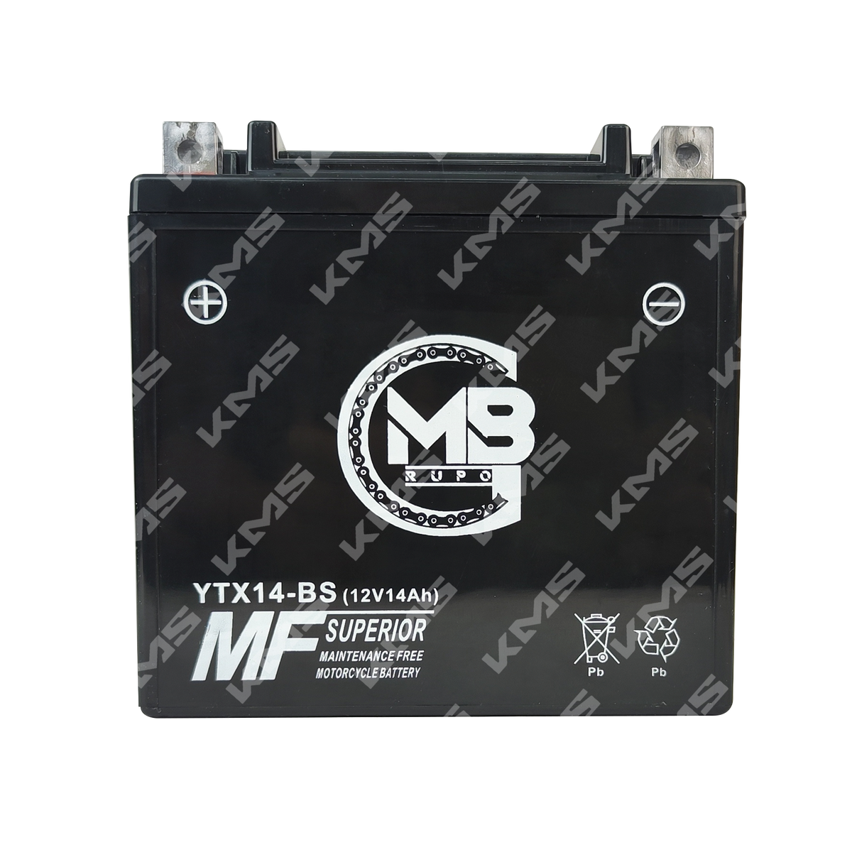 Batería sellada KM Motos 12N14-BS/YTX14-HL para motocicletas, vista frontal con terminales y etiqueta visible.