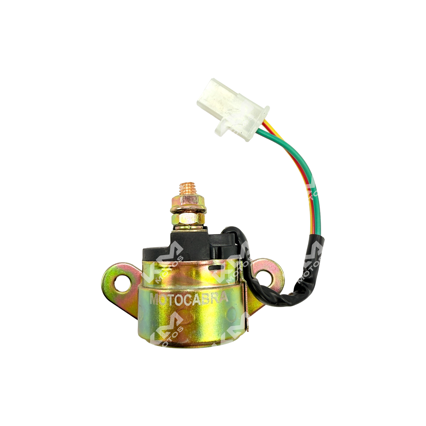 Chicharra de la marca KM Motos para modelos GXT, KMF, DR200 y GN125, vista frontal con detalles de la pieza.