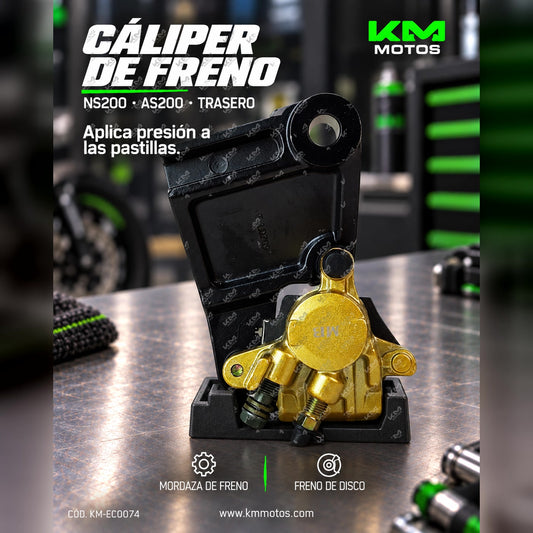Caliper trasero NS200/AS200 Pulsar de KM Motos, mordaza, en color negro, mostrando detalles del componente de freno.