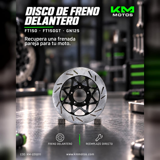 Disco de freno KM Motos para FT150, FT150GT, FT150 y GN125, mostrando superficie de fricción y acabado metálico.