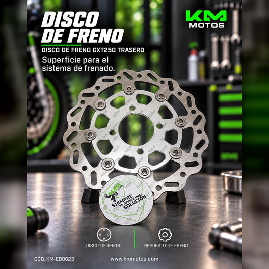 Disco de freno trasero KM Motos GXT250, componente de freno con superficie de contacto y orificios de ventilación.