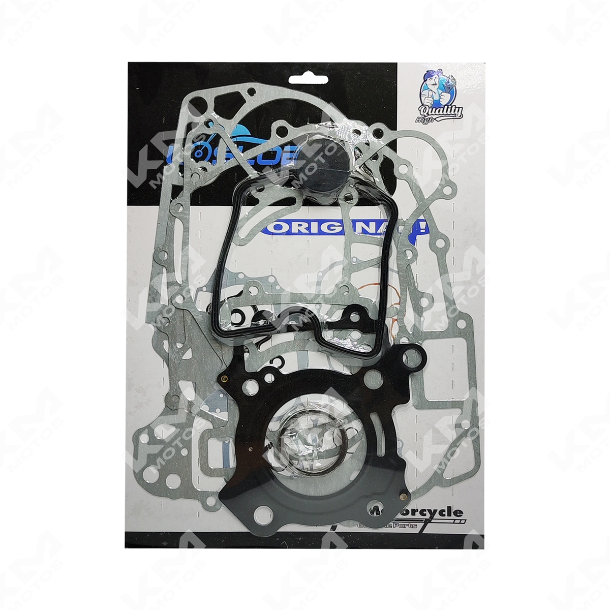 Kit de empaques para motor NS200 Los Lobos de la marca KM Motos, incluye varias juntas y sellos para reparación.